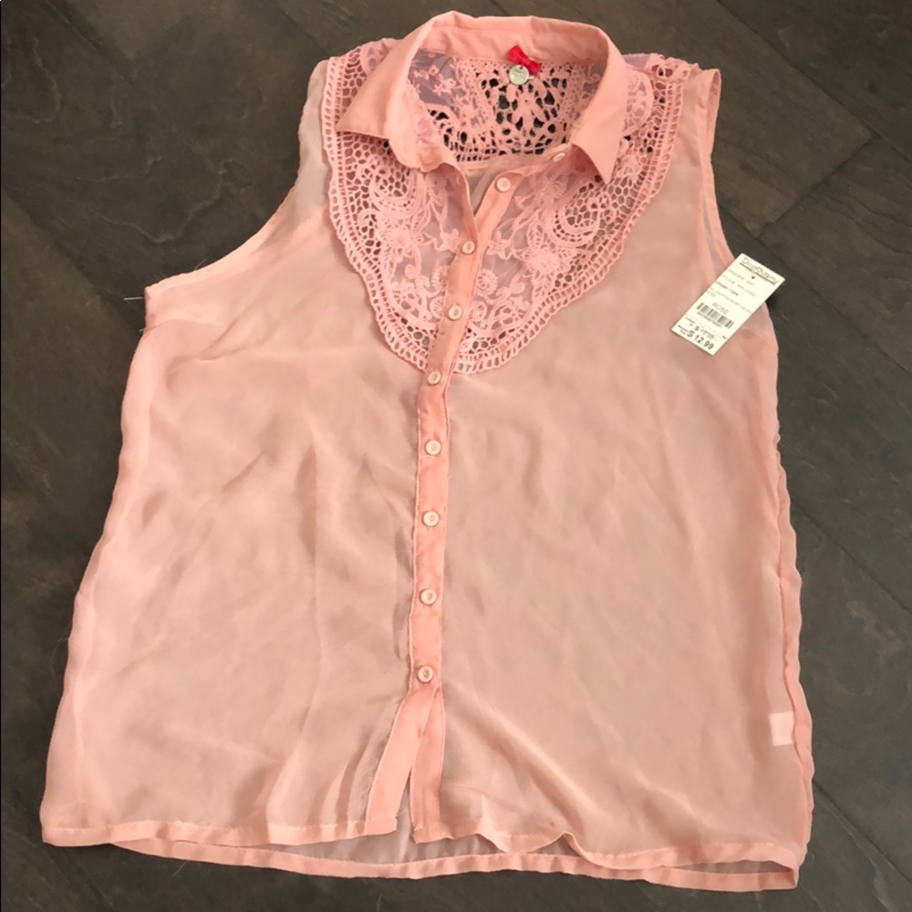 NWT SZ M CHIFFON SHIRT CORAL WITH CROCHET DETAIL